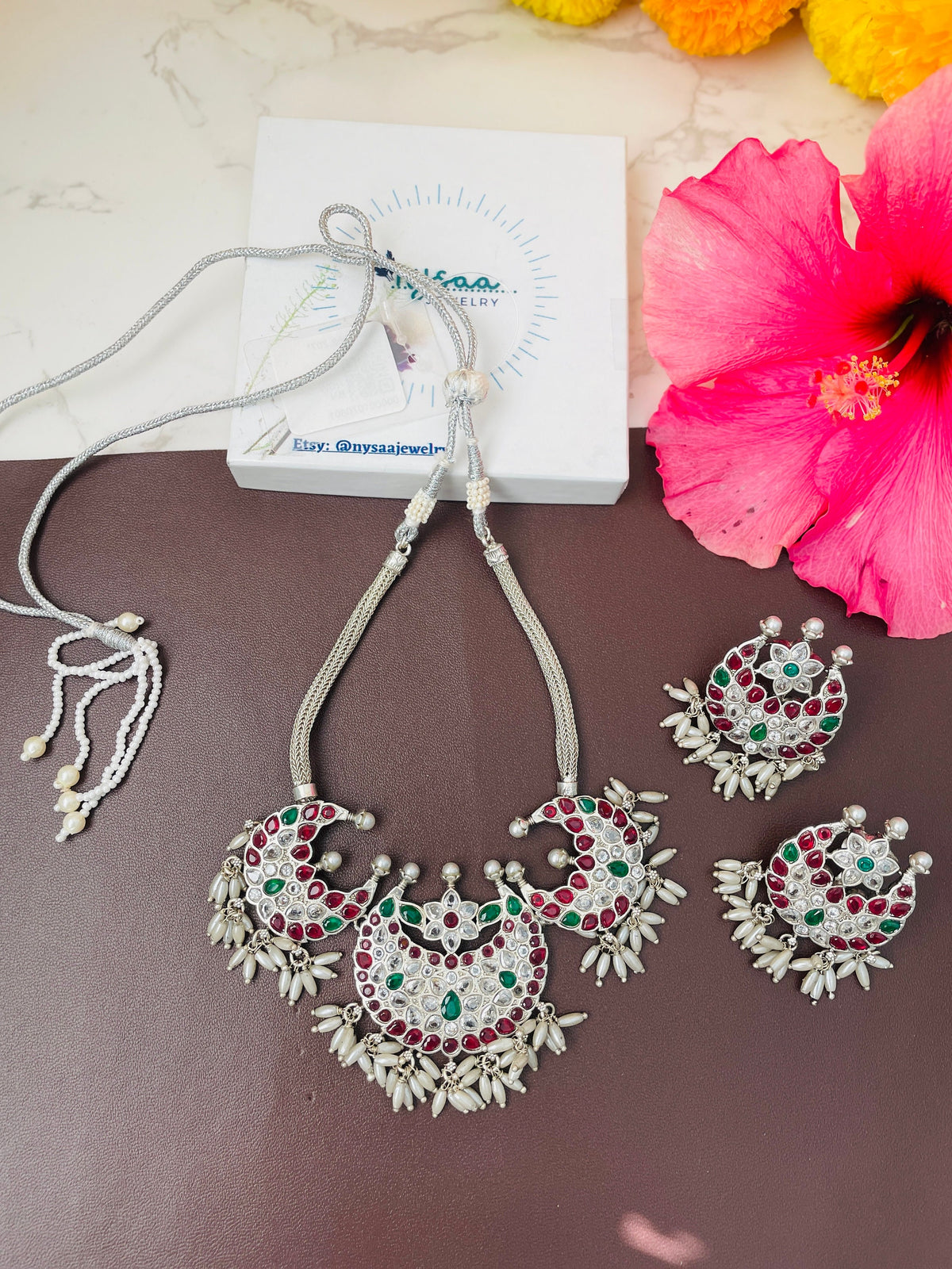 Kemp stone rhodium plated short necklace set
