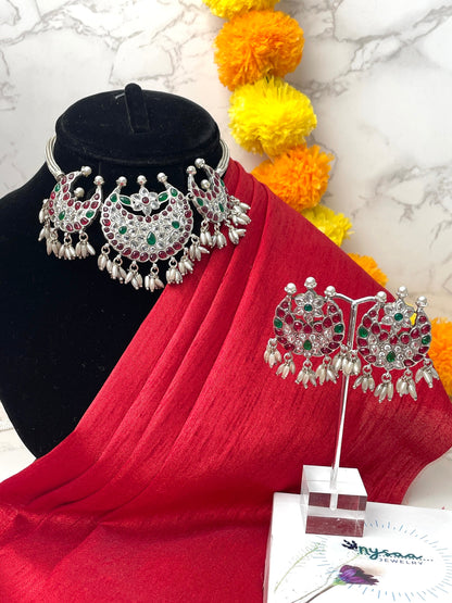 Kemp stone rhodium plated short necklace set