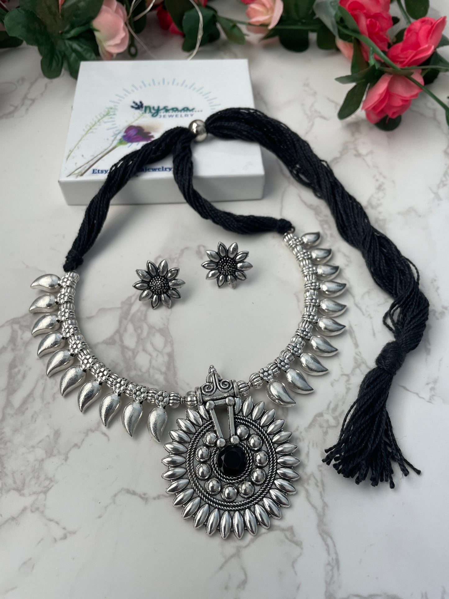 Oxidized Indian Necklace Set: Silver Lookalike Stud Earrings