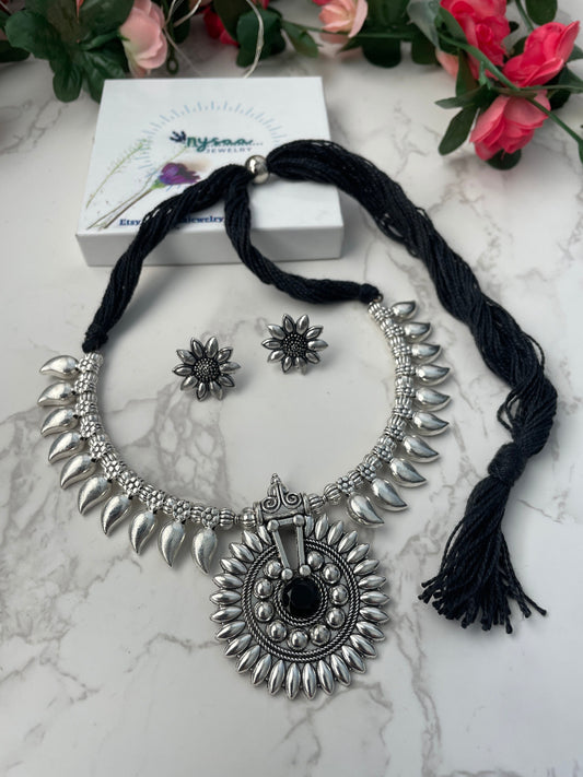 Oxidized Indian Necklace Set: Silver Lookalike Stud Earrings