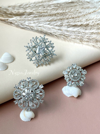 Cubic Zirconia Cocktail Ring: Rhodium Plated Adjustable Statement Ring