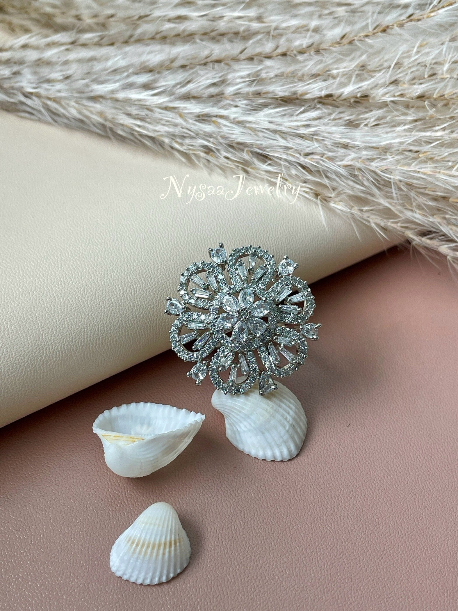 Cubic Zirconia Cocktail Ring: Rhodium Plated Adjustable Statement Ring