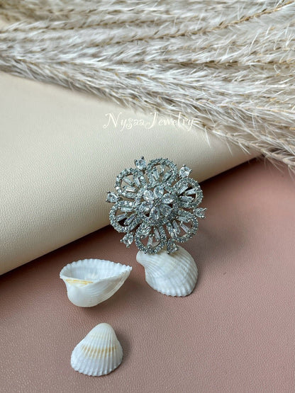 Cubic Zirconia Cocktail Ring: Rhodium Plated Adjustable Statement Ring