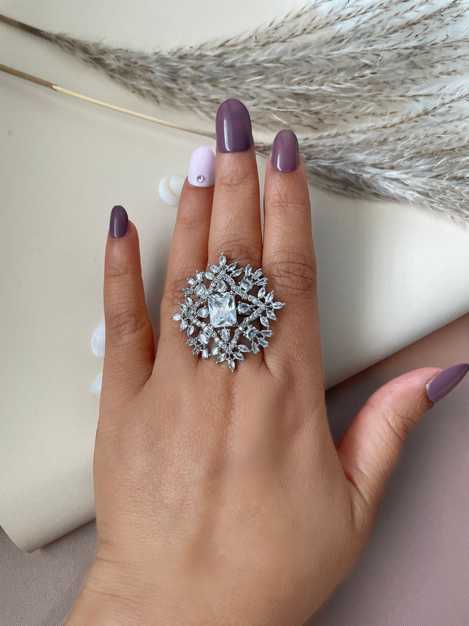 Cubic Zirconia Cocktail Ring: Rhodium Plated Adjustable Statement Ring