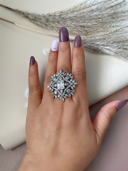 Cubic Zirconia Cocktail Ring: Rhodium Plated Adjustable Statement Ring