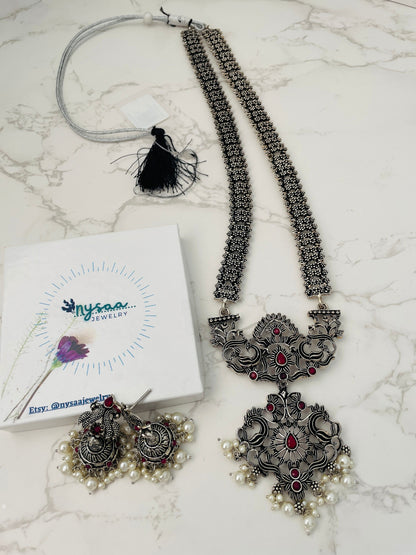 Oxidized Silver Necklace Set: Long Haaram Jhumki Jewelry