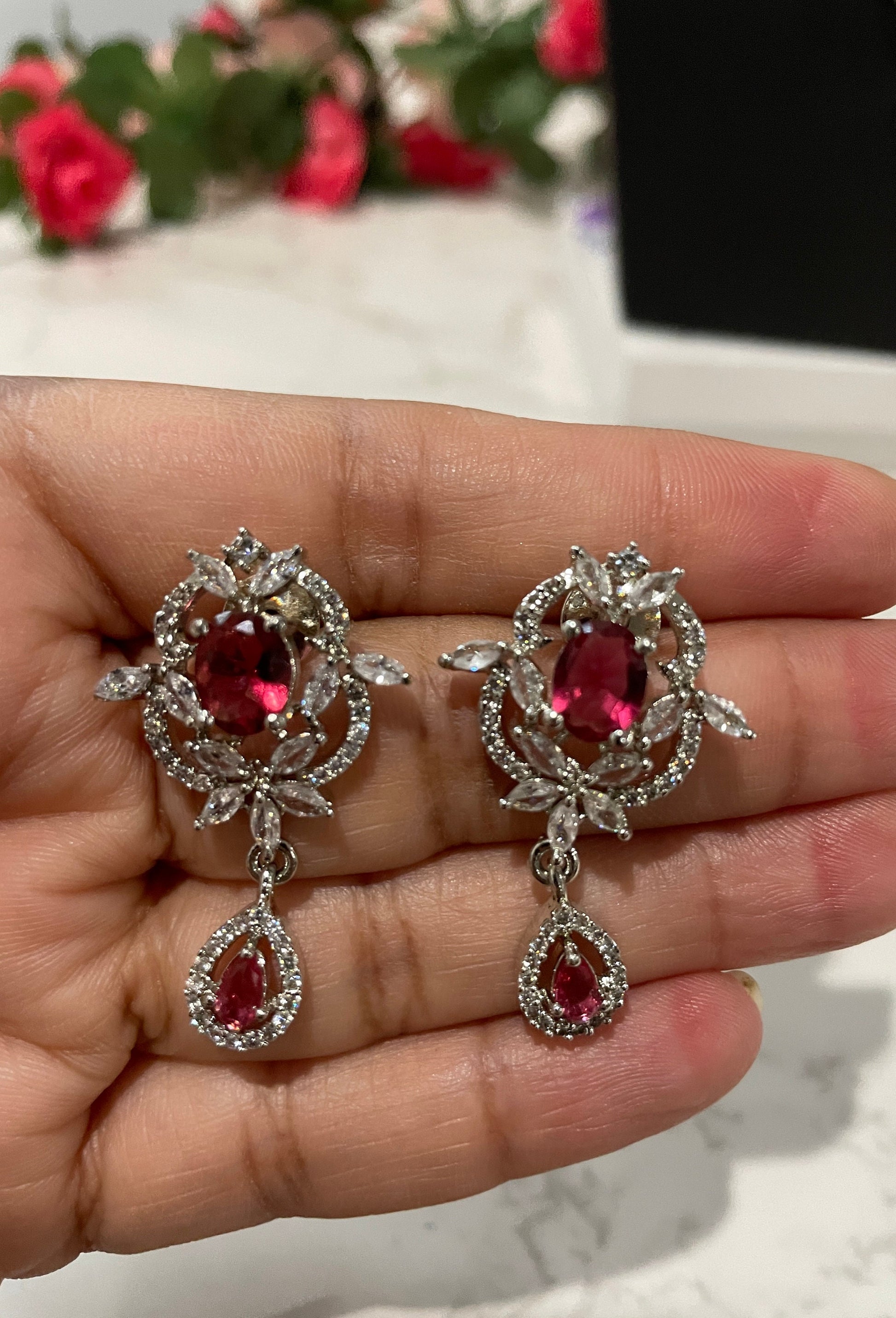 American Diamond Green Stone Necklace Set: Cubic Zirconia Earrings