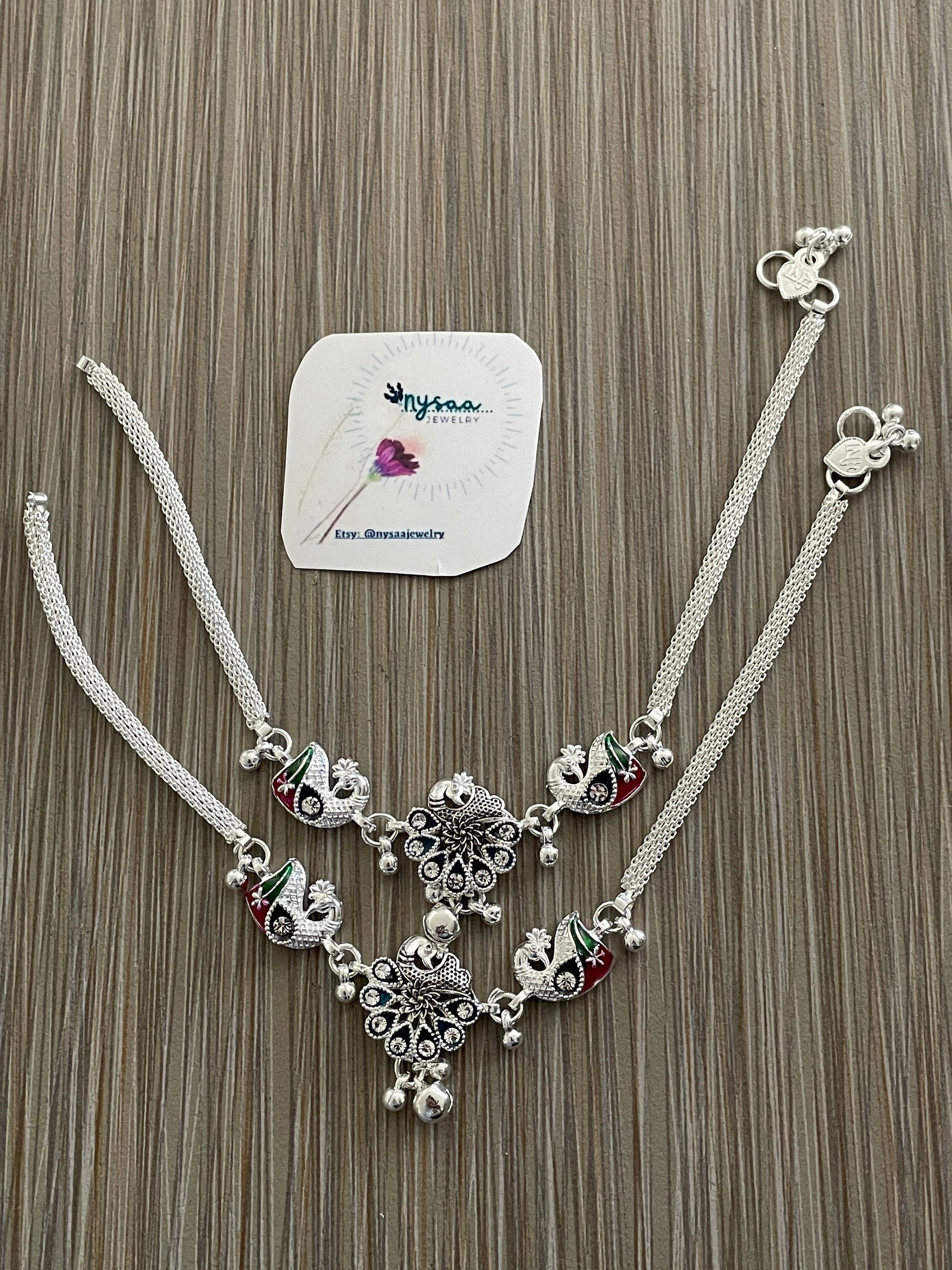 Silver lookalike Minakari Indian Anklets with Bells