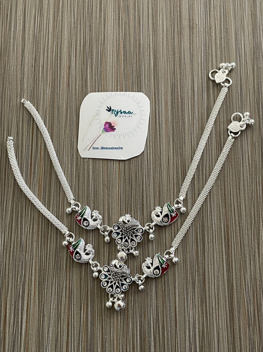 Silver lookalike Minakari Indian Anklets with Bells