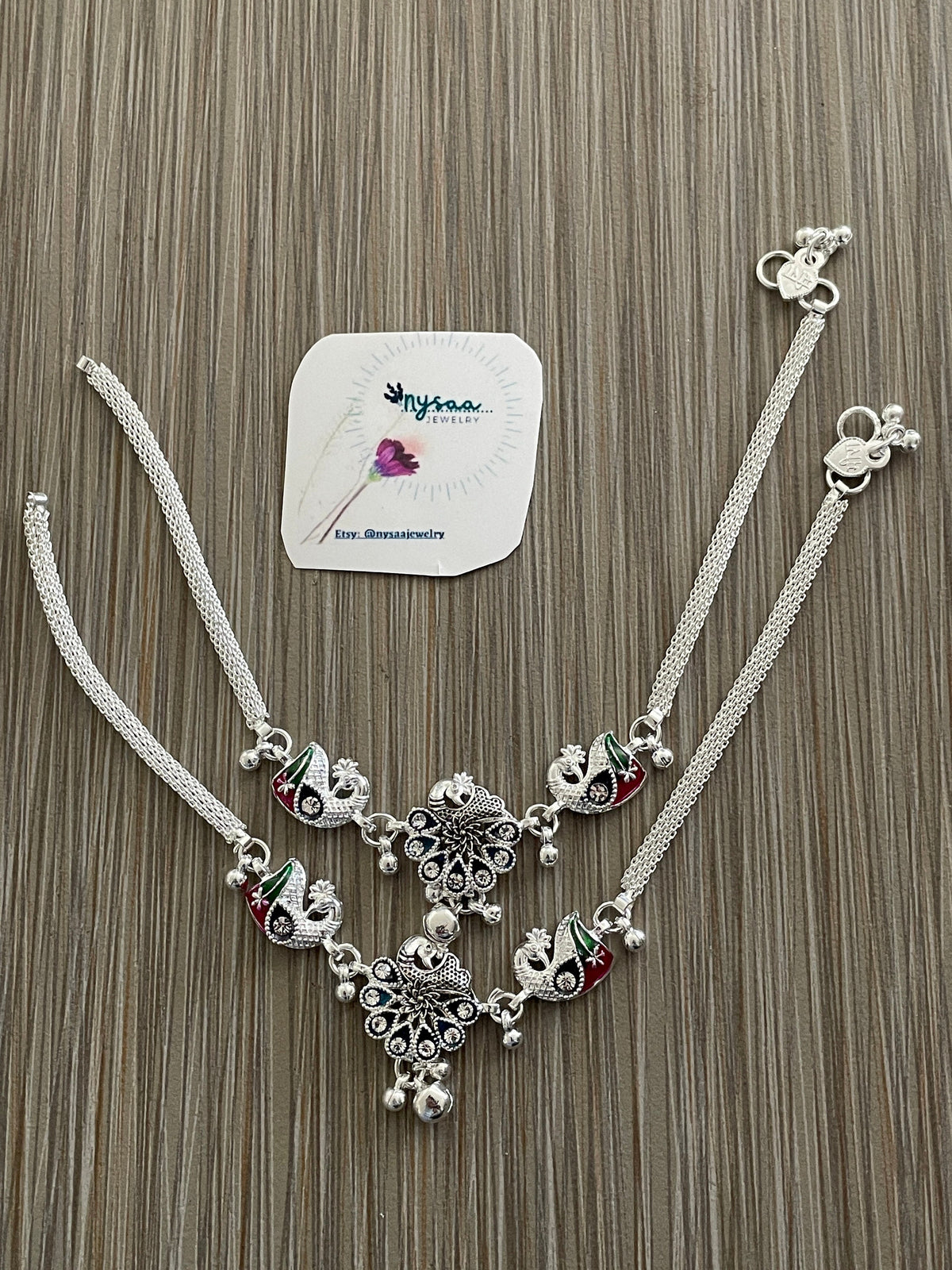 Silver lookalike Minakari Indian Anklets with Bells