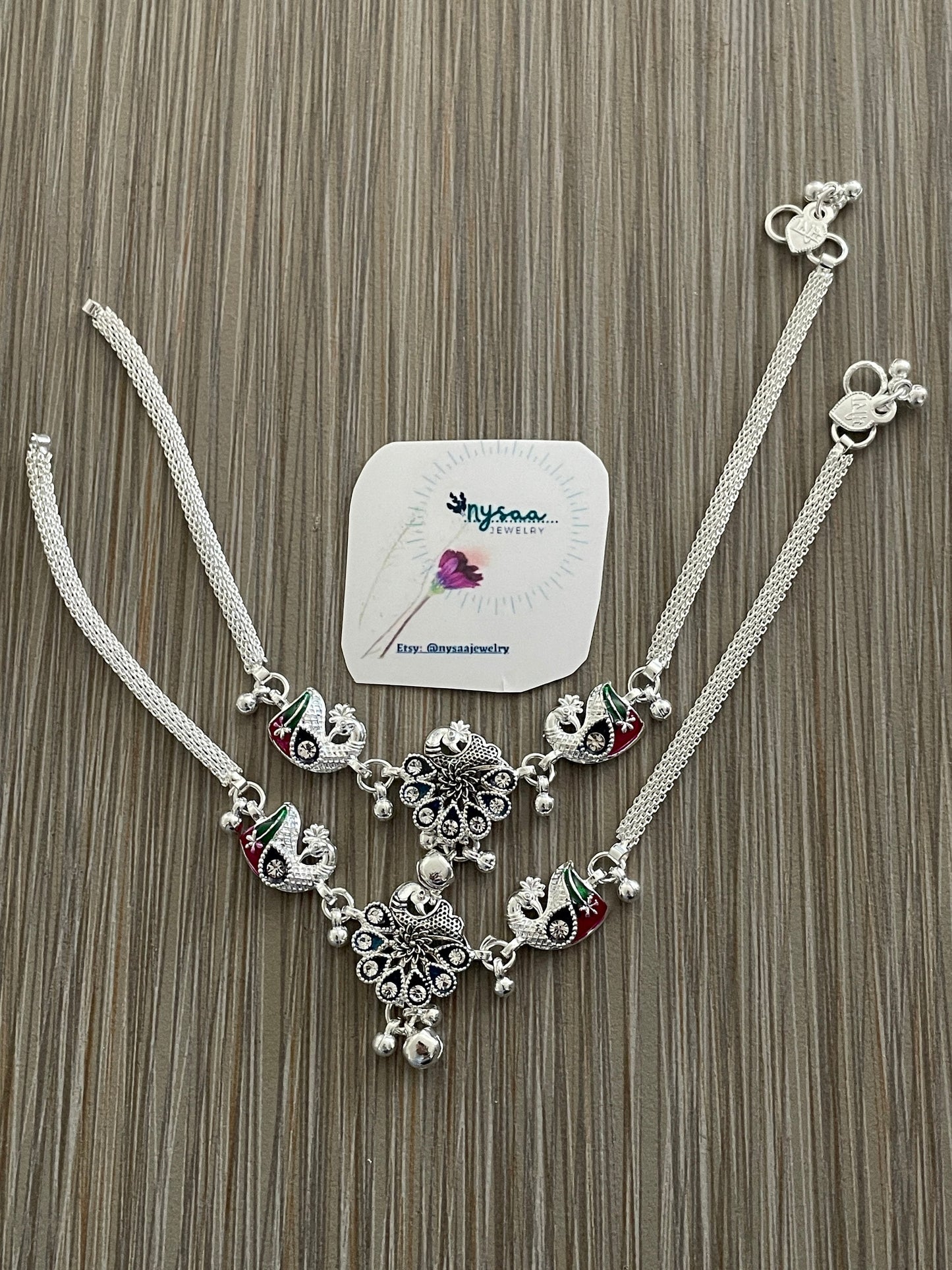 Silver lookalike Minakari Indian Anklets with Bells