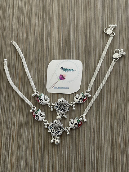Silver lookalike Minakari Indian Anklets with Bells