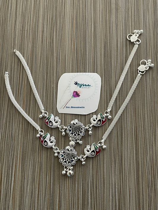 Silver lookalike Minakari Indian Anklets with Bells