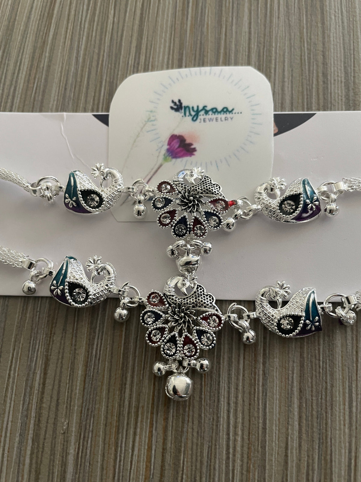Silver lookalike Minakari Indian Anklets with Bells