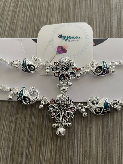 Silver lookalike Minakari Indian Anklets with Bells