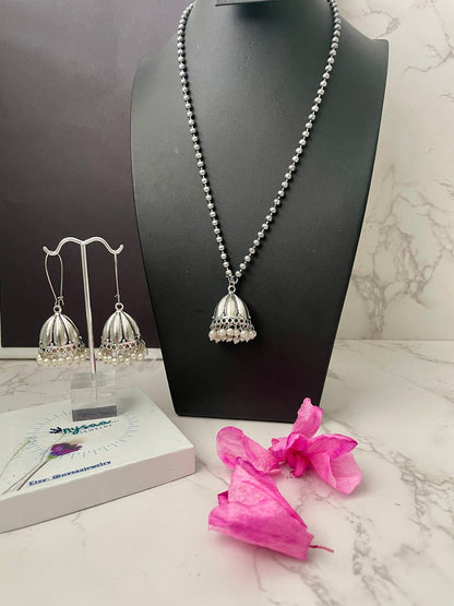 Oxidized Silver Jhumka Necklace & Earring Set - 22 Inch