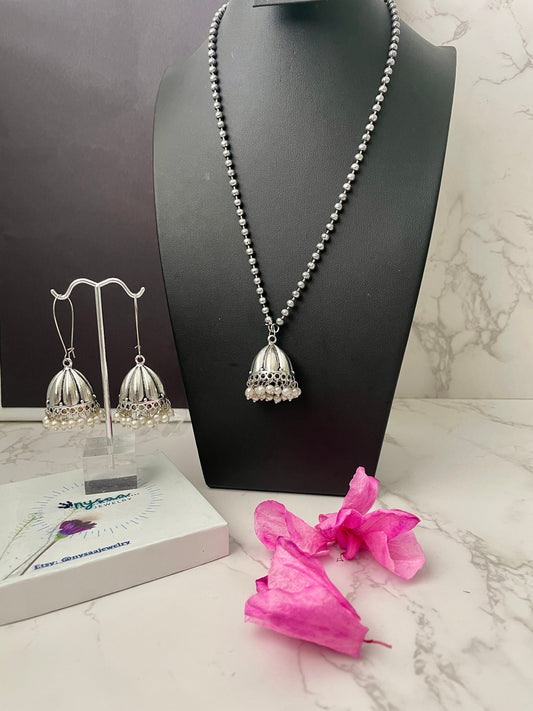 Oxidized Silver Jhumka Necklace & Earring Set - 22 Inch