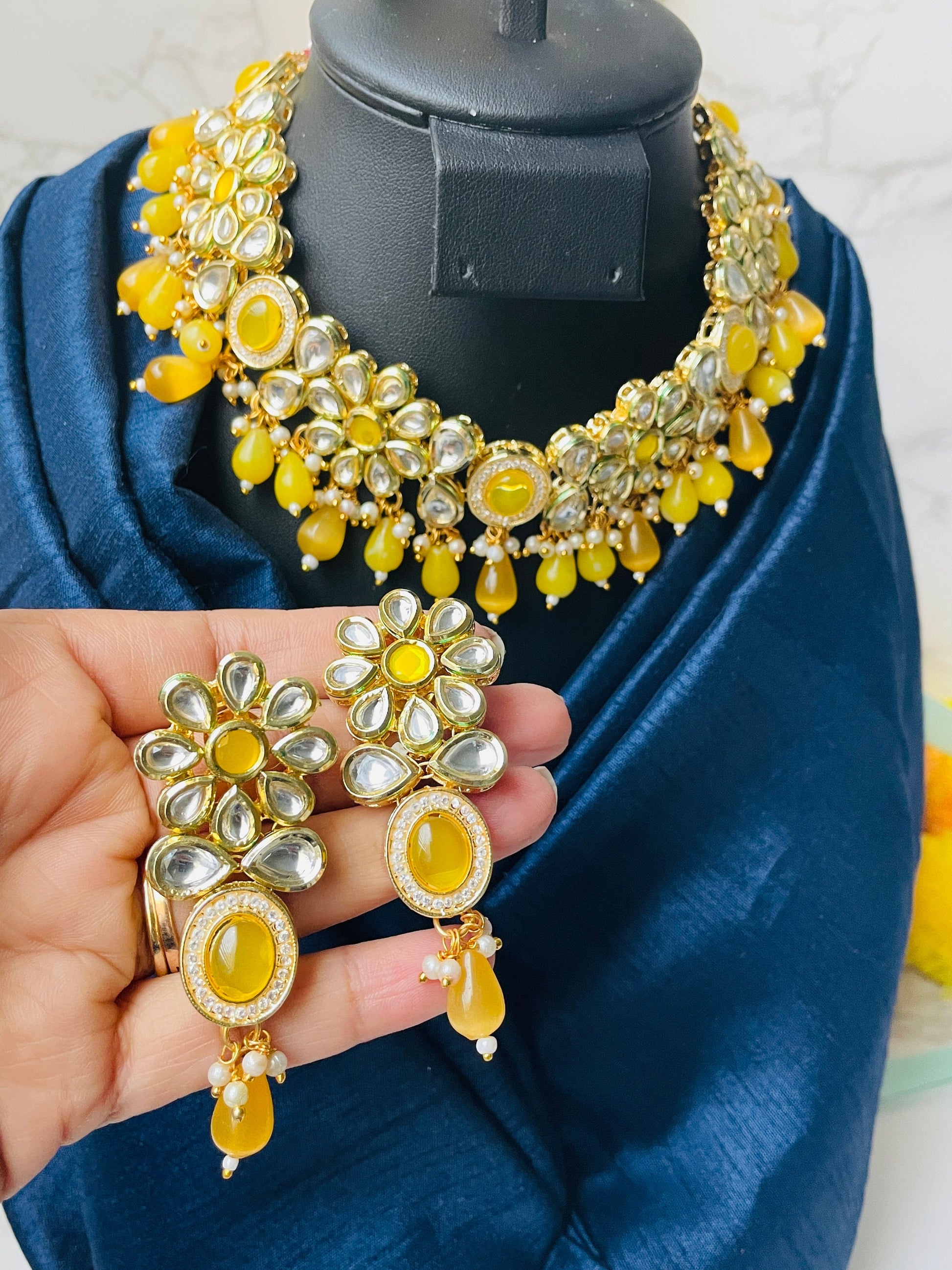 Yellow Kundan Choker Set: Bridal Jewelry with Pearls & CZ