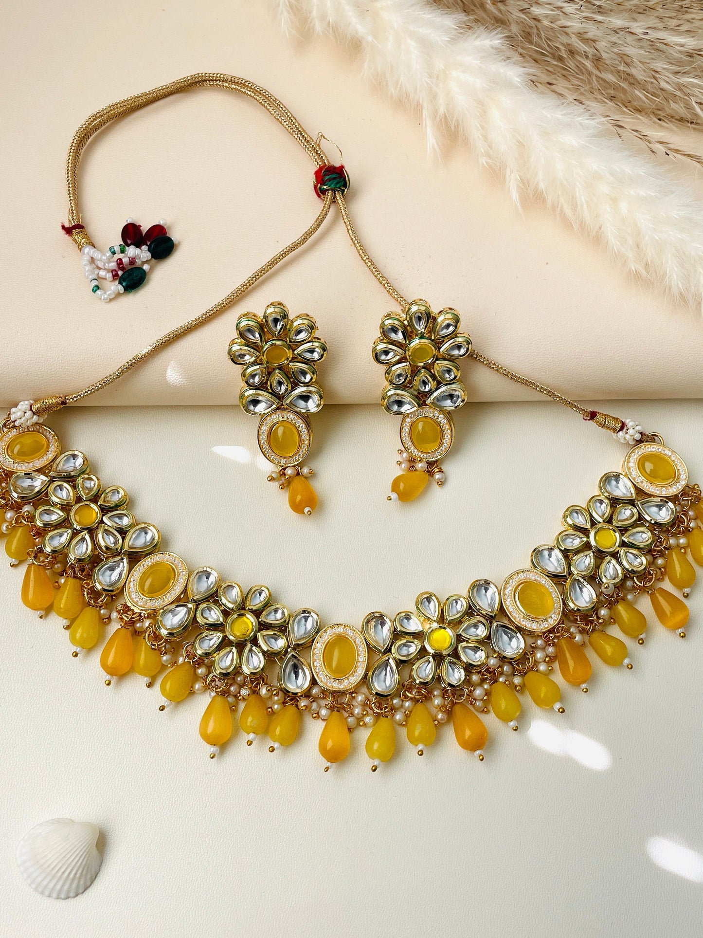 Yellow Kundan Choker Set: Bridal Jewelry with Pearls & CZ