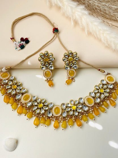 Yellow Kundan Choker Set: Bridal Jewelry with Pearls & CZ