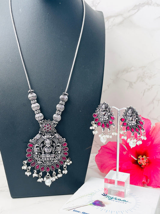Oxidized Kemp Stone Necklace Set: Lakshmi Temple Jewelry