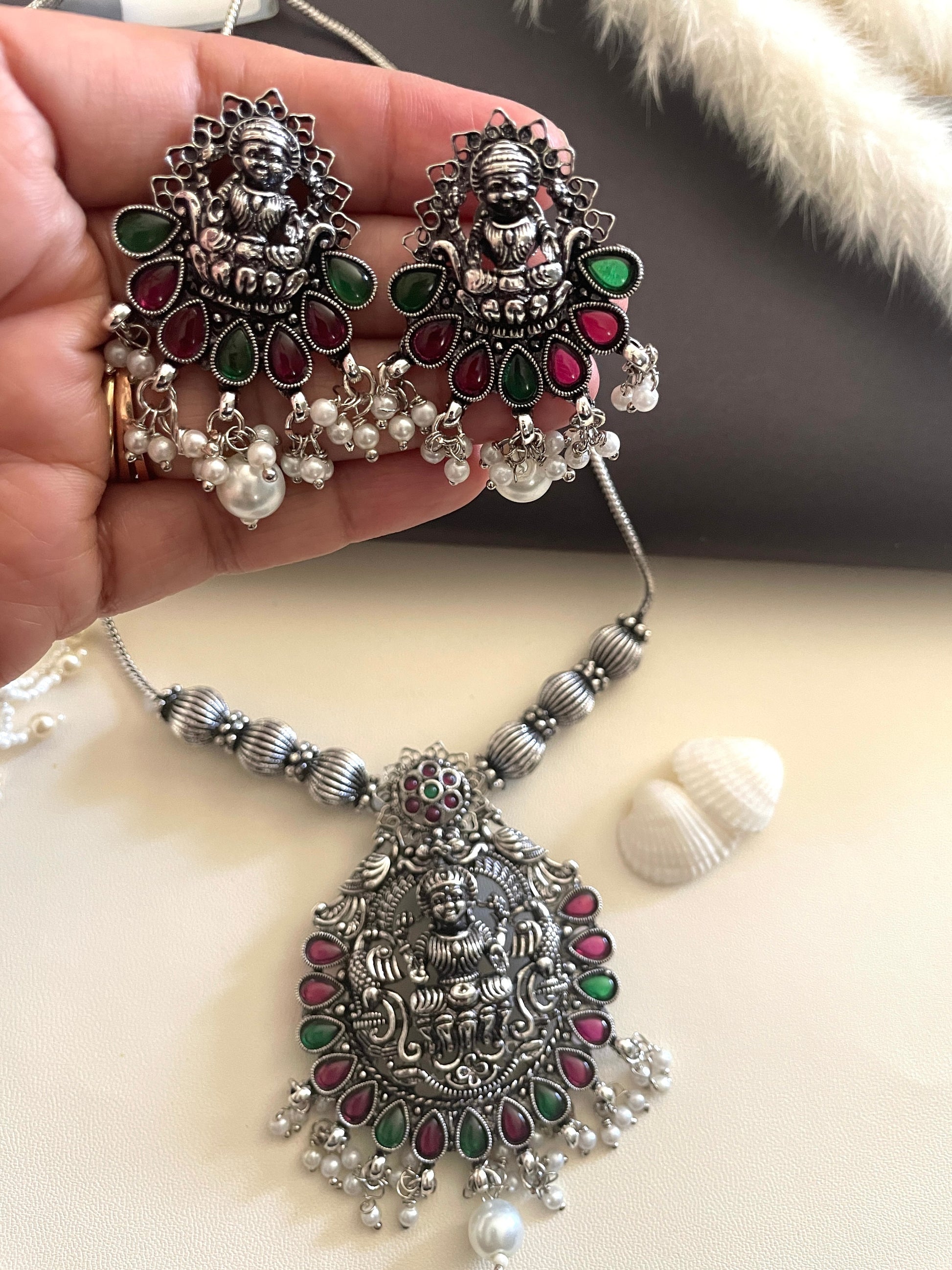 Oxidized Kemp Stone Necklace Set: Lakshmi Temple Jewelry
