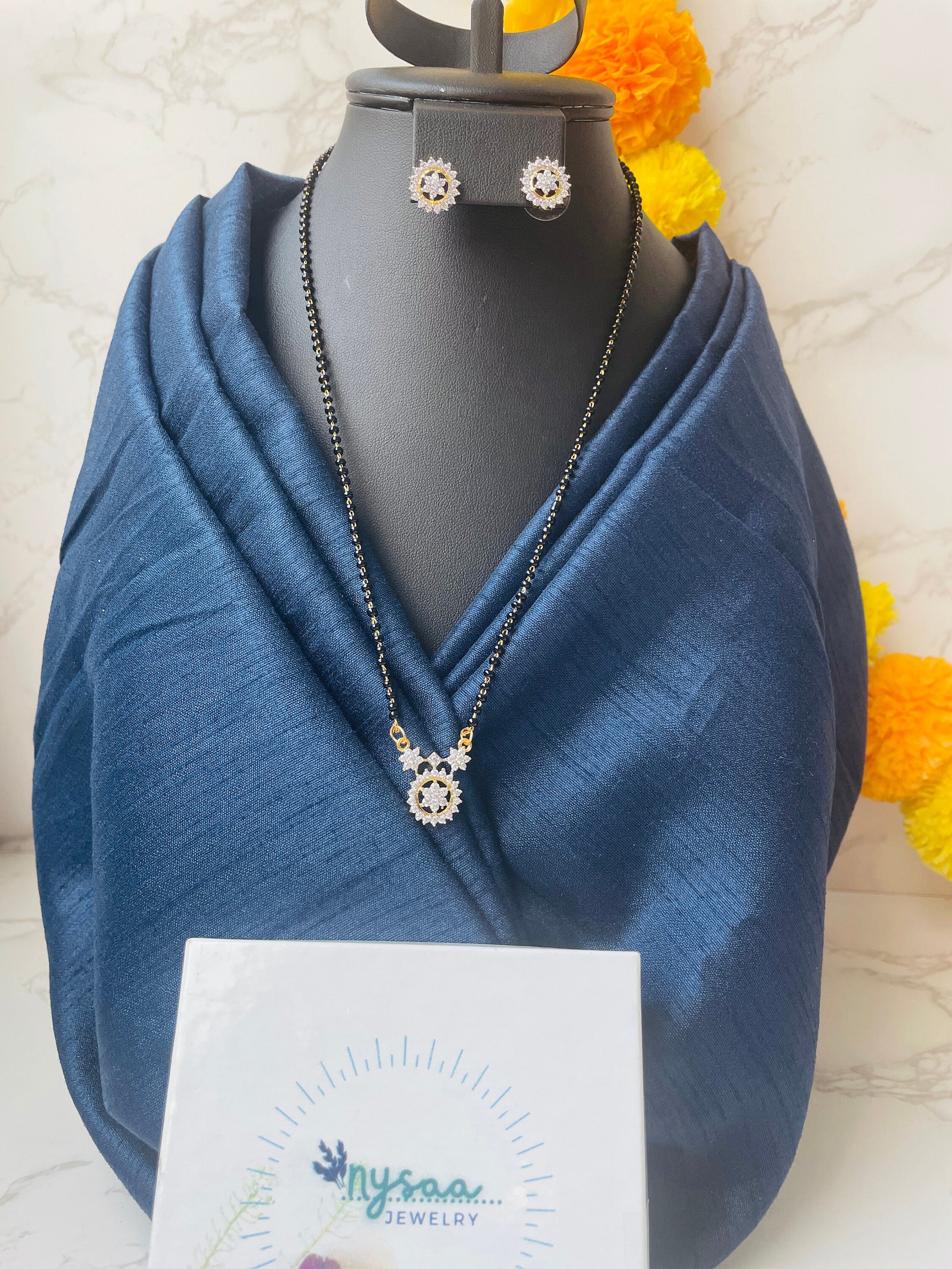 Gold Plated Mangalsutra: American Diamond Necklace & Earrings Set