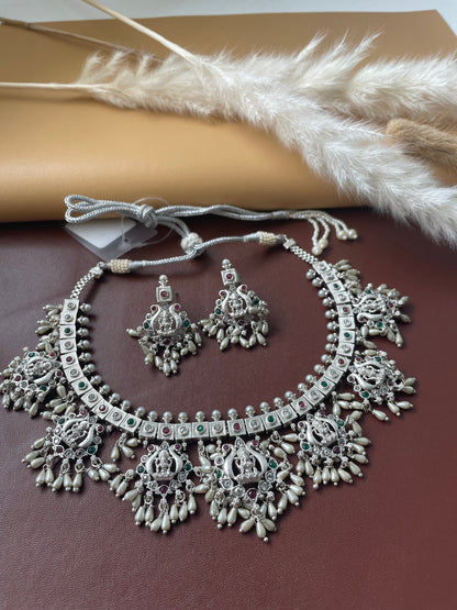 Kemp Silver Necklace Set: Ruby, Green & White Stone Earrings