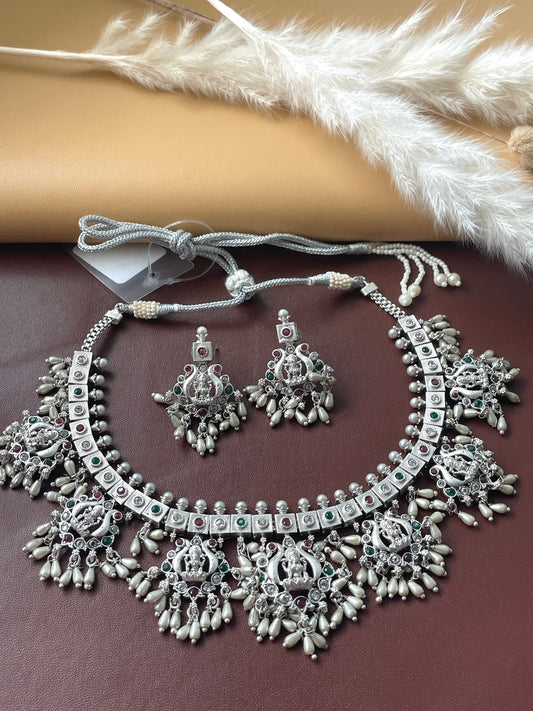 Kemp Silver Necklace Set: Ruby, Green & White Stone Earrings