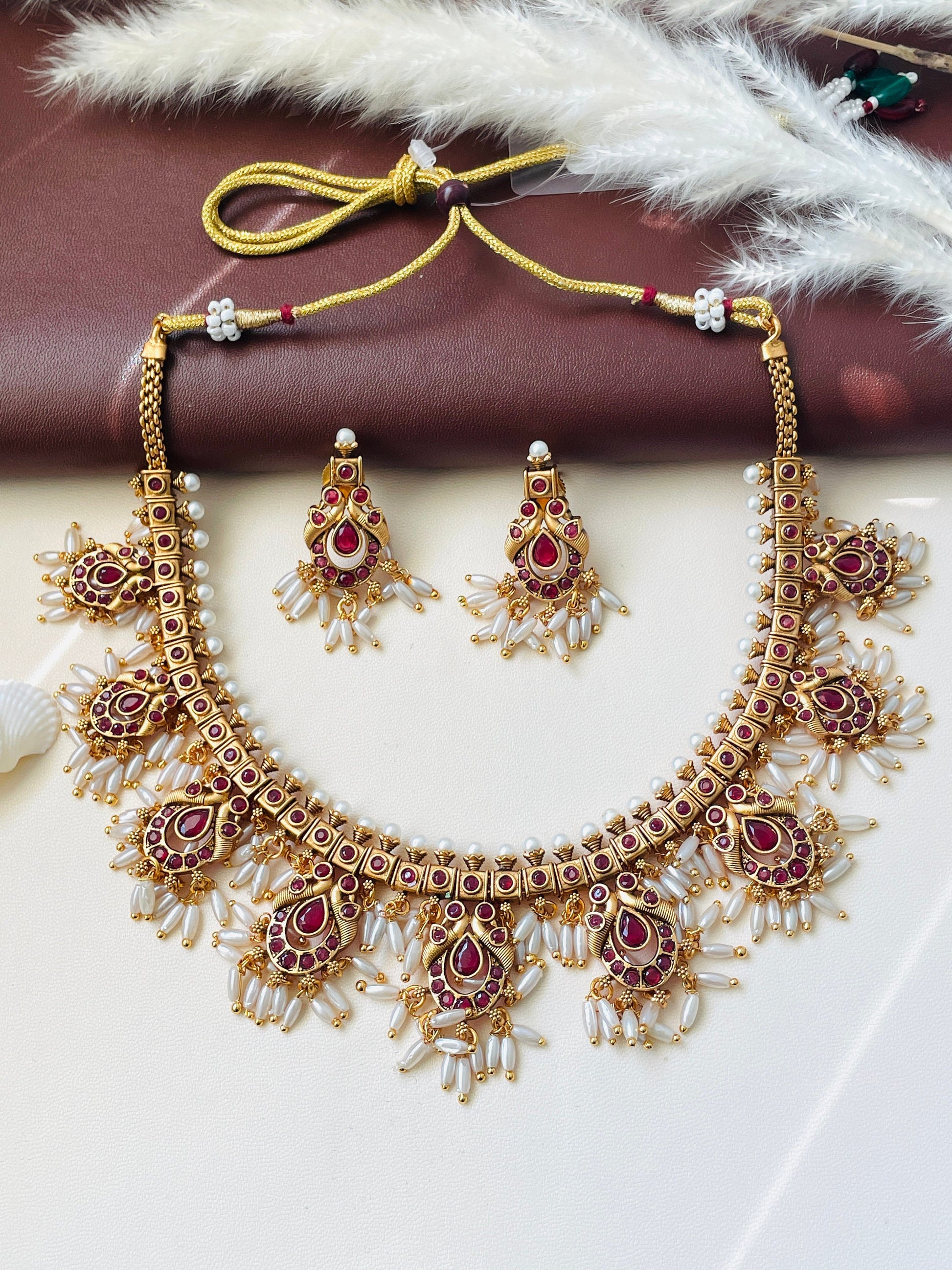 Kemp Stone & Pearl Necklace Set: Gold Plated South Indian Jewelry