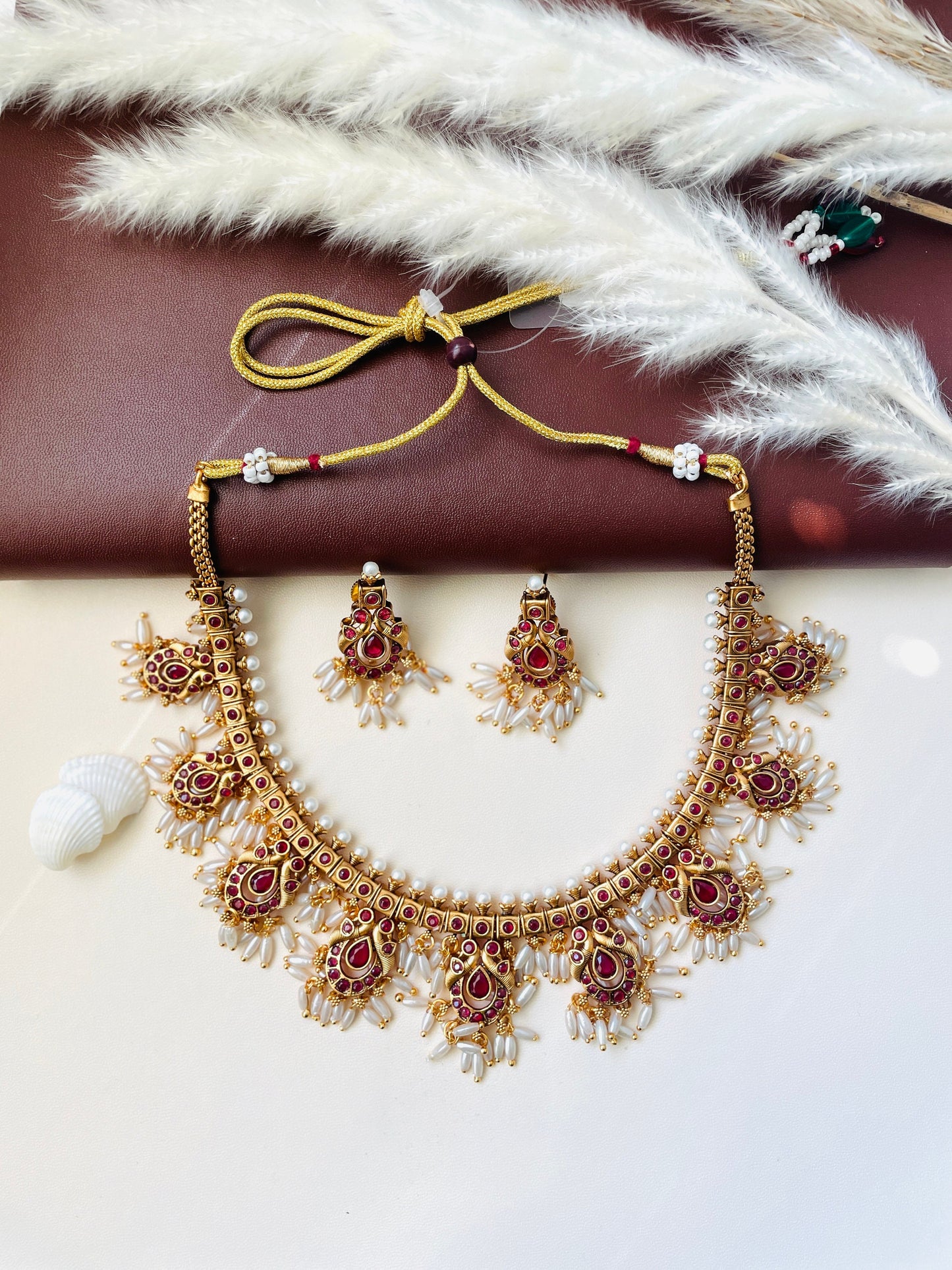 Kemp Stone & Pearl Necklace Set: Gold Plated South Indian Jewelry