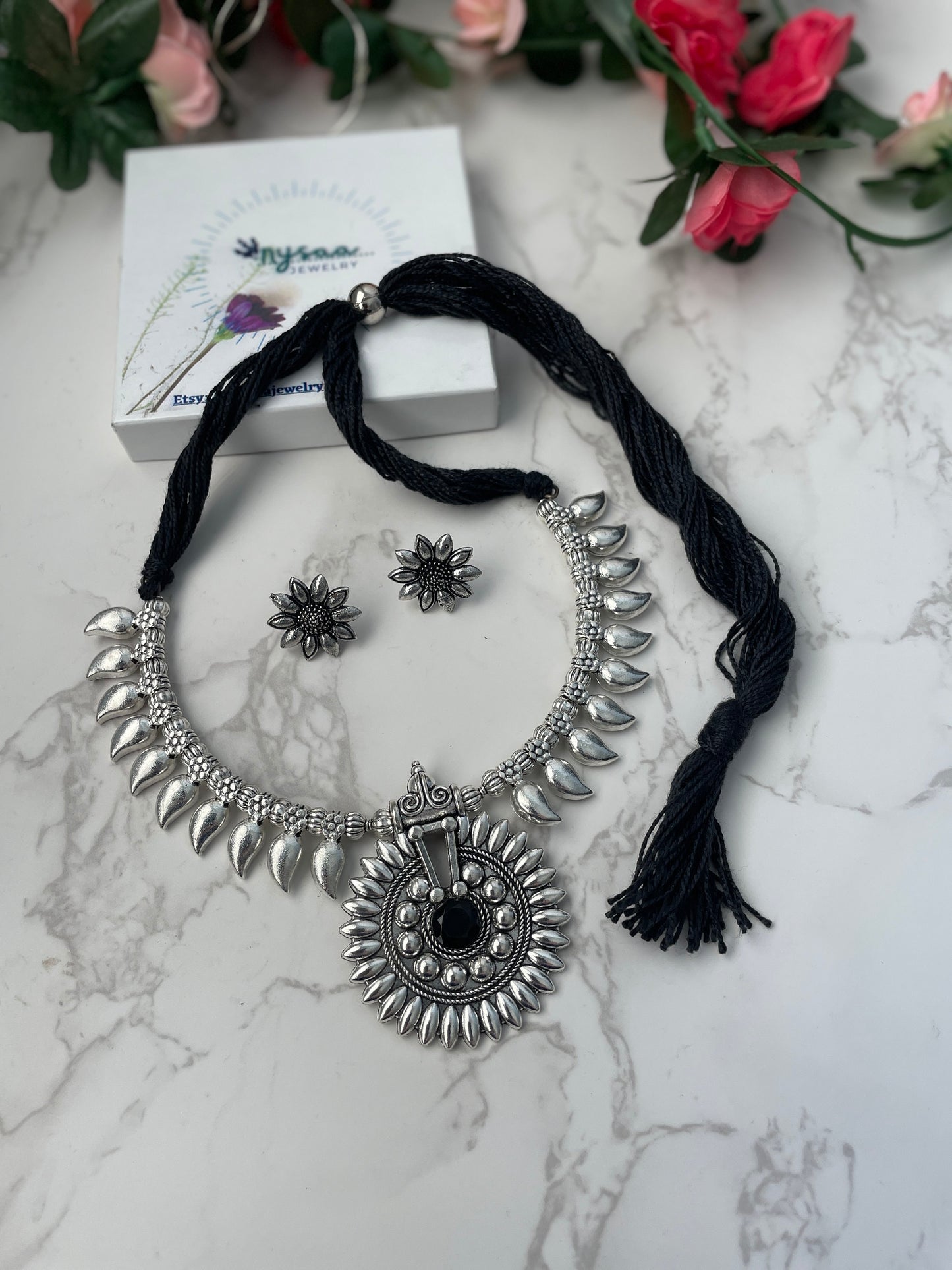 Oxidized Indian Necklace Set: Silver Lookalike Stud Earrings