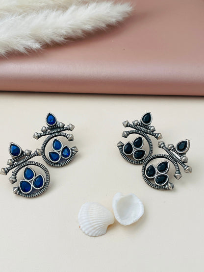 Oxidized Stud Earrings: Blue or Black Stone Ethnic Style