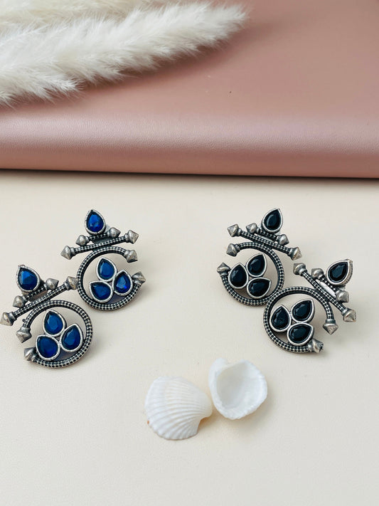 Oxidized Stud Earrings: Blue or Black Stone Ethnic Style