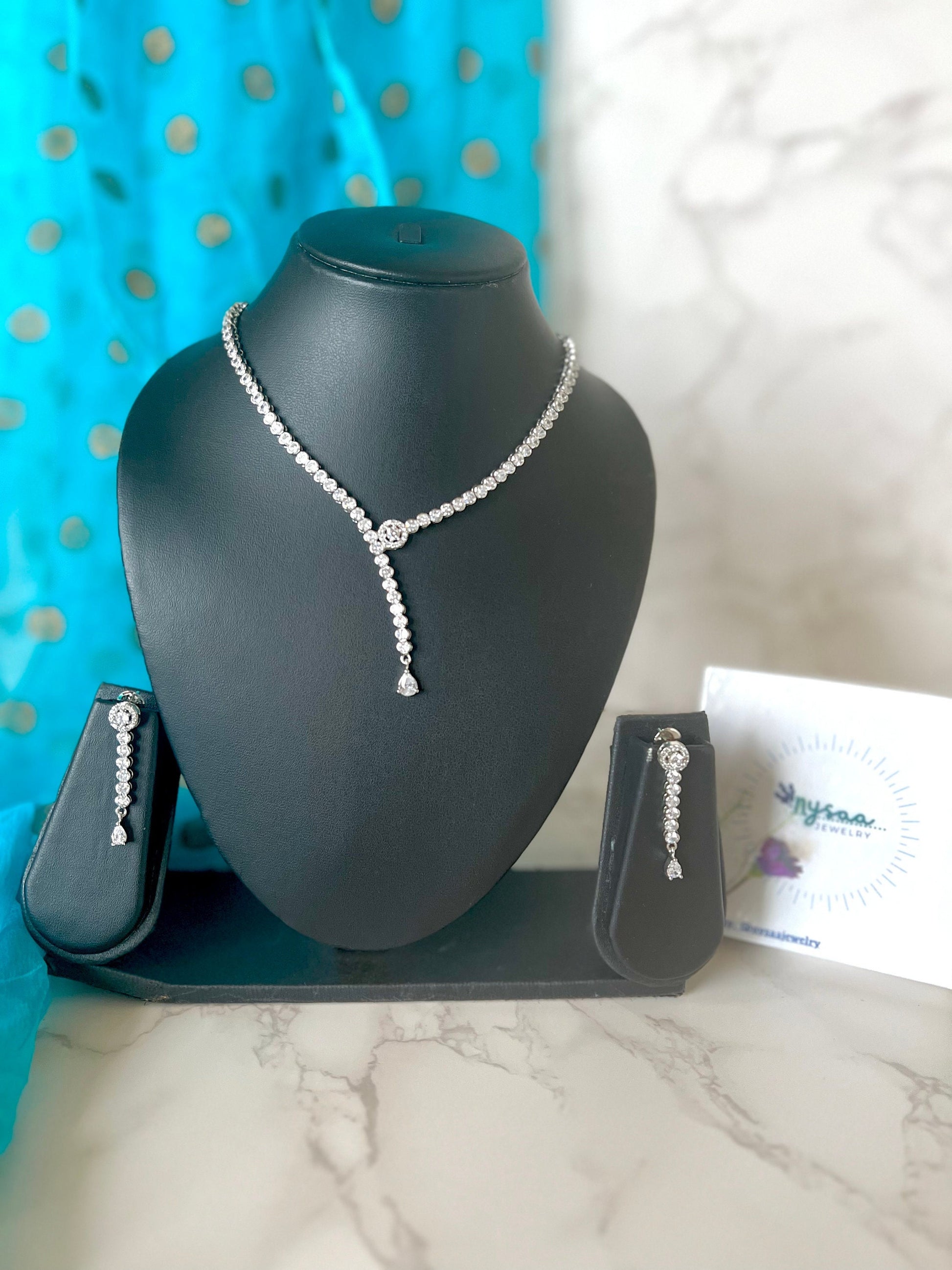 Asymmetrical Cubic Zirconia Necklace Set: Rhodium Plated Wedding Jewelry