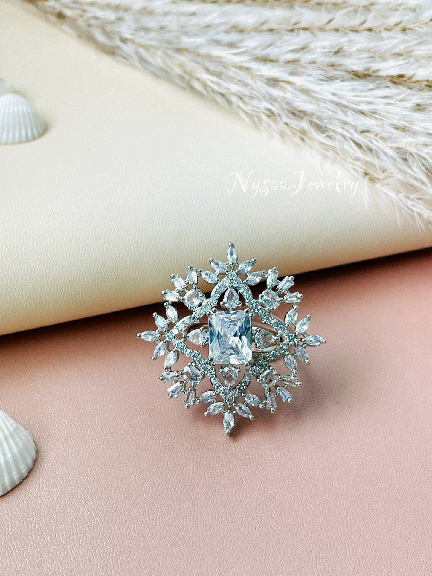 Cubic Zirconia Cocktail Ring: Rhodium Plated Adjustable Statement Ring