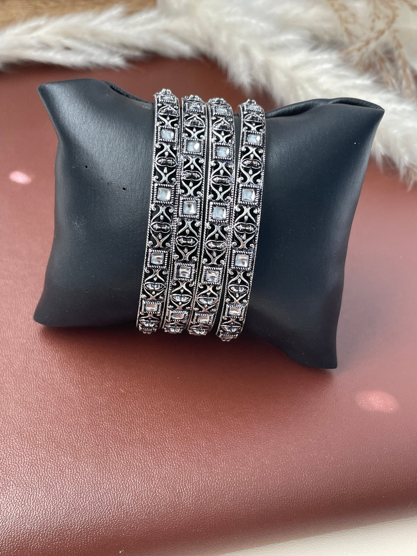 Oxidized Indian Bangle Set with Rhinestone Detail (Set of 4)