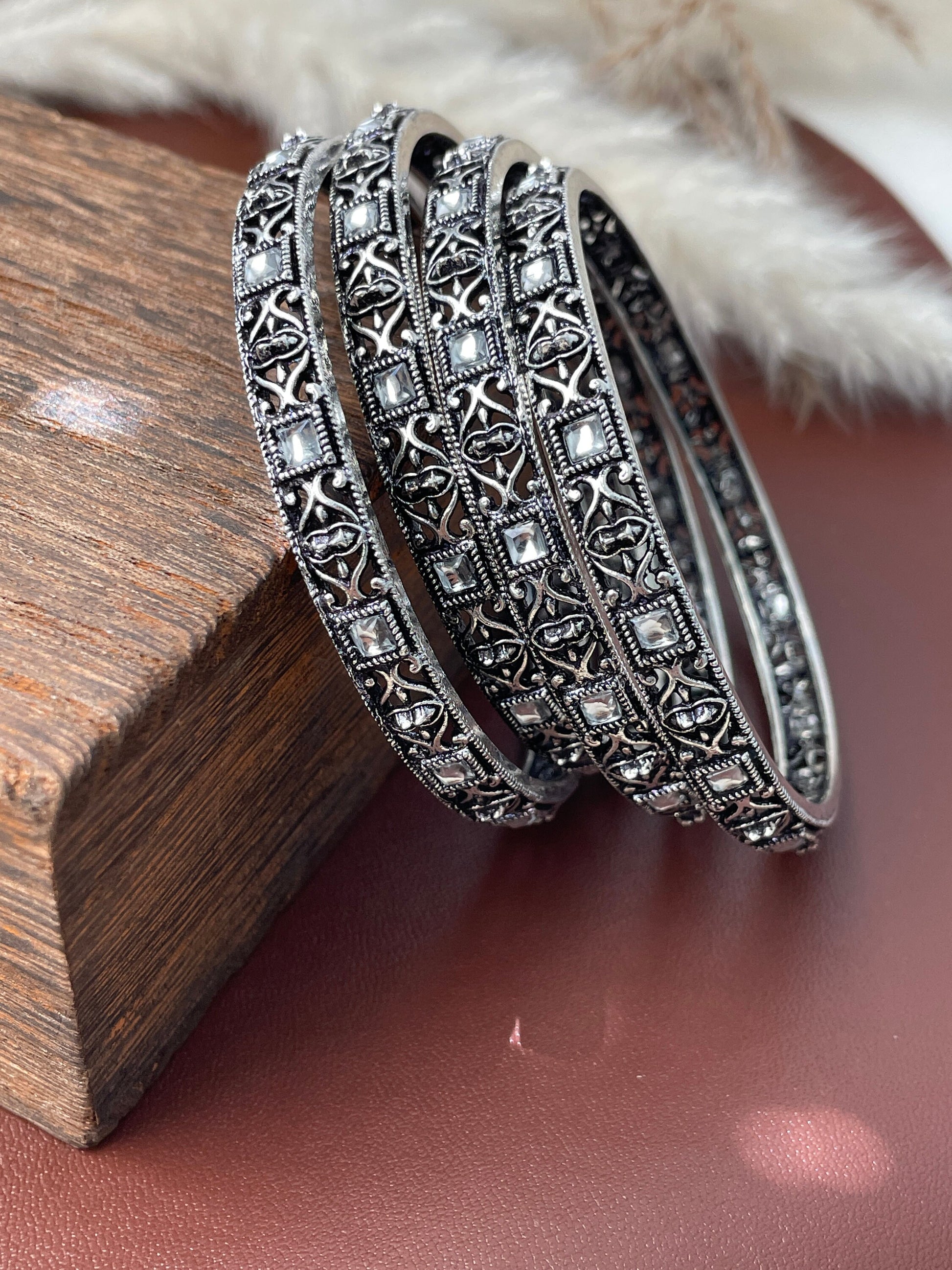 Oxidized Indian Bangle Set with Rhinestone Detail (Set of 4)