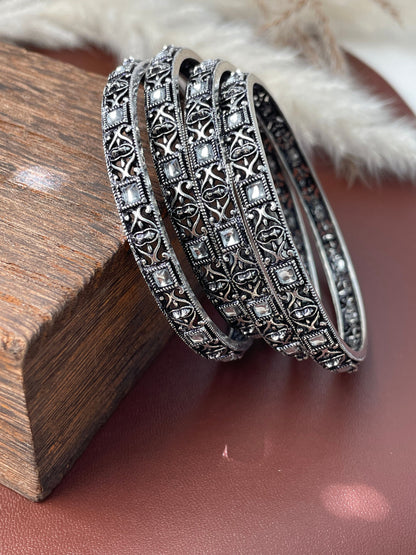 Oxidized Indian Bangle Set with Rhinestone Detail (Set of 4)