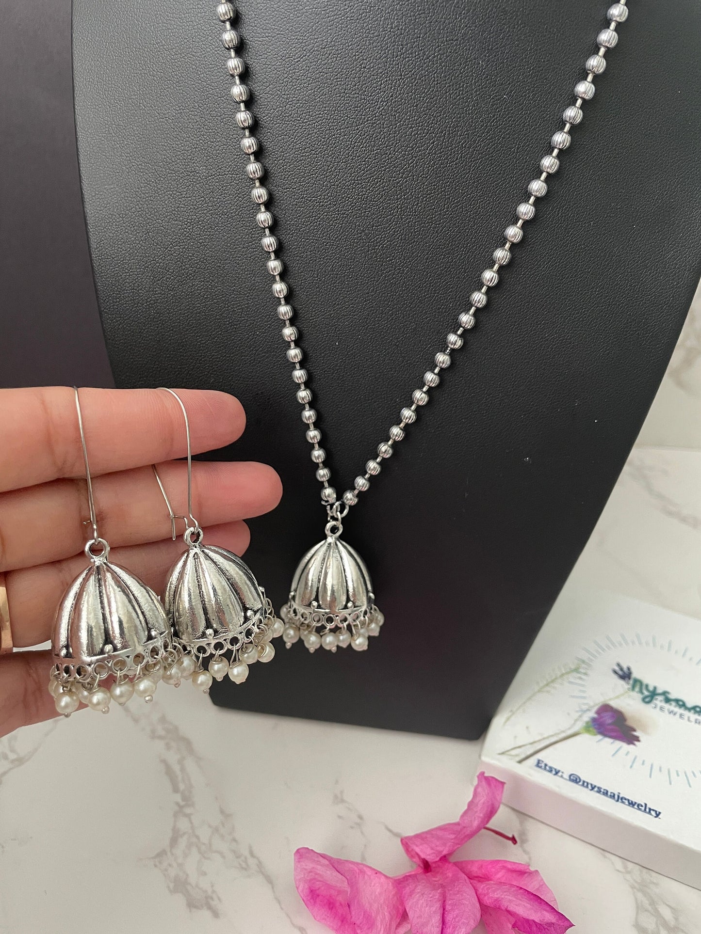 Oxidized Silver Jhumka Necklace & Earring Set - 22 Inch