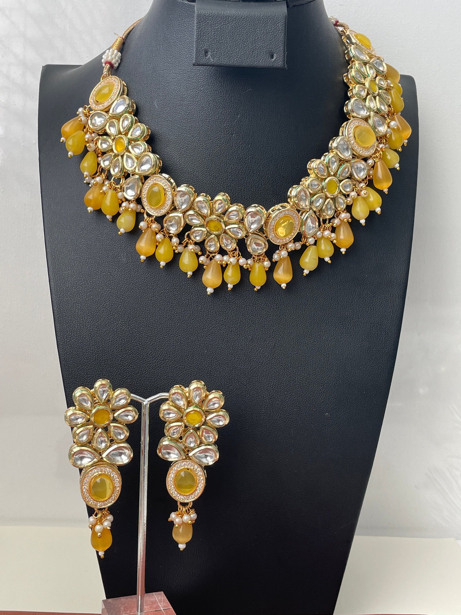 Yellow Kundan Choker Set: Bridal Jewelry with Pearls & CZ