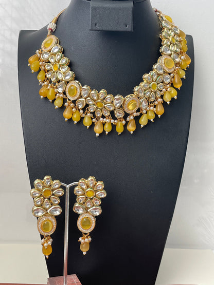 Yellow Kundan Choker Set: Bridal Jewelry with Pearls & CZ