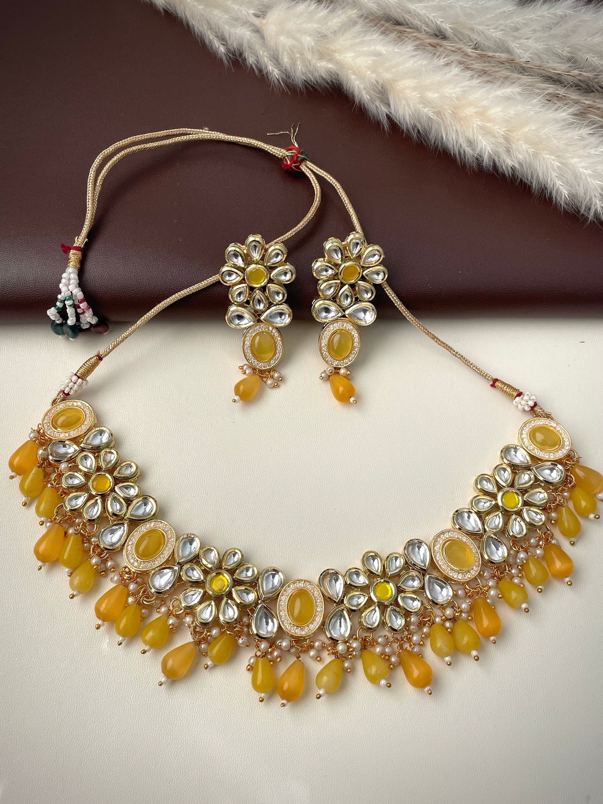 Yellow Kundan Choker Set: Bridal Jewelry with Pearls & CZ