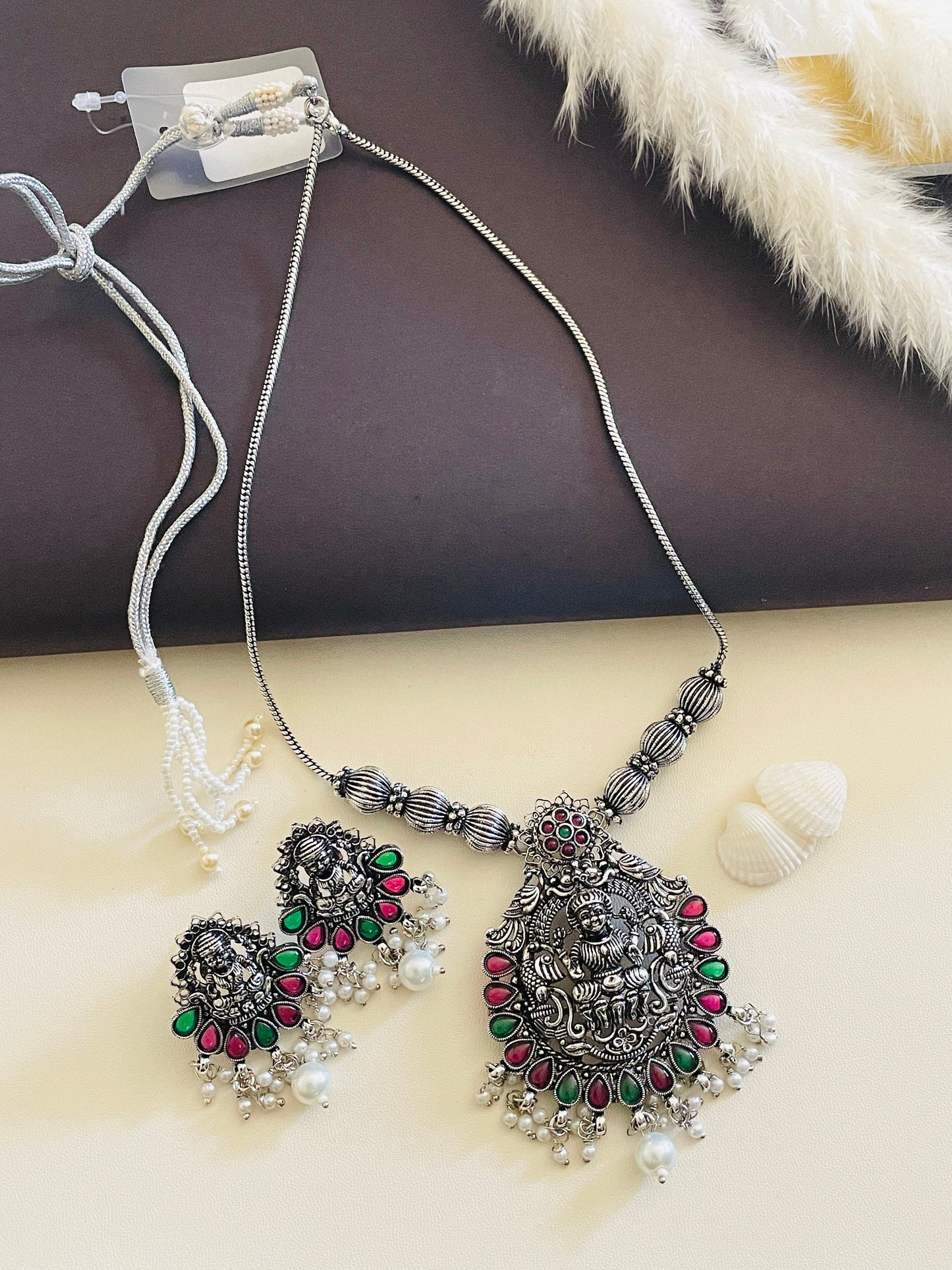 Oxidized Kemp Stone Necklace Set: Lakshmi Temple Jewelry
