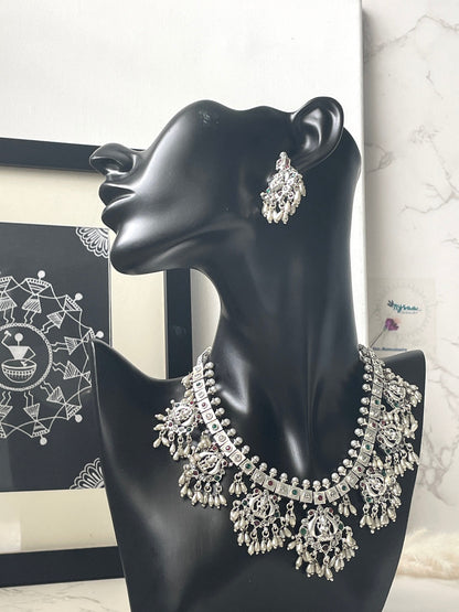 Kemp Silver Necklace Set: Ruby, Green & White Stone Earrings