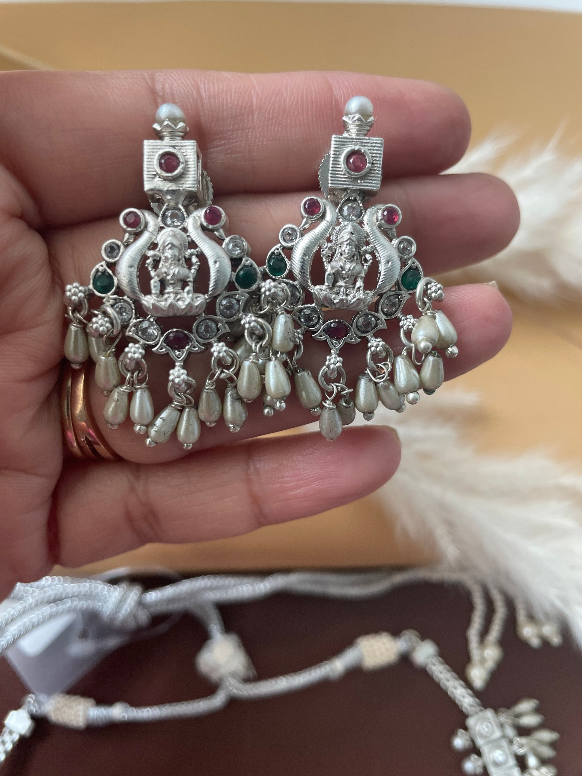 Kemp Silver Necklace Set: Ruby, Green & White Stone Earrings