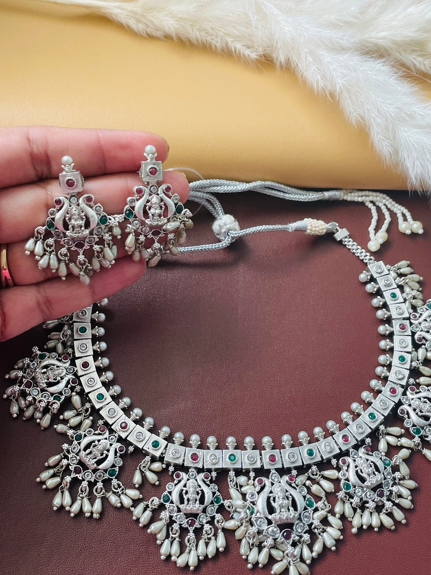 Kemp Silver Necklace Set: Ruby, Green & White Stone Earrings