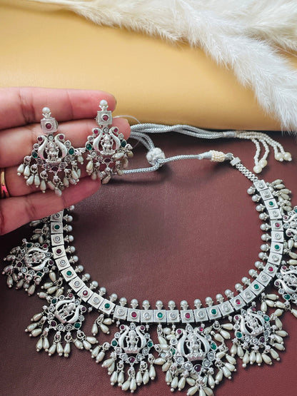 Kemp Silver Necklace Set: Ruby, Green & White Stone Earrings