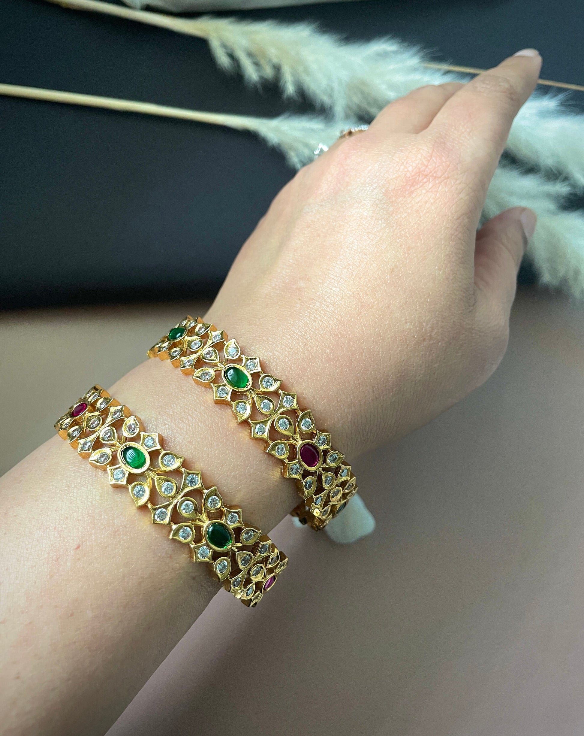 Kemp Stone Gold Plated Bangles: South Indian Temple Jewelry