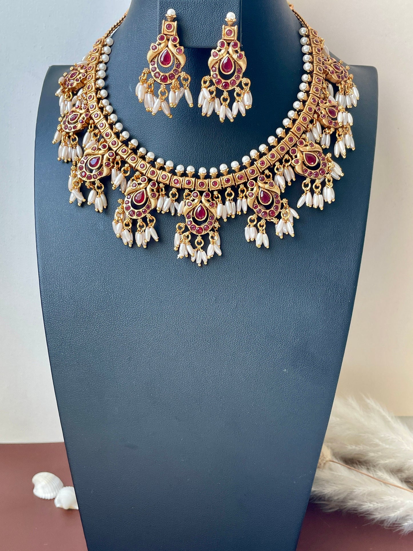 Kemp Stone & Pearl Necklace Set: Gold Plated South Indian Jewelry